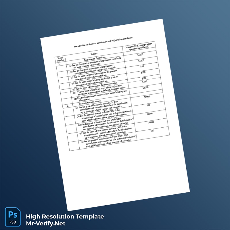 Editable India Cosmetics Licensing Fees Registration Certificate Word and Pdf Template 2 page Editable India Cosmetics Licensing Fees Registration Certificate Word and Pdf Template 2 page