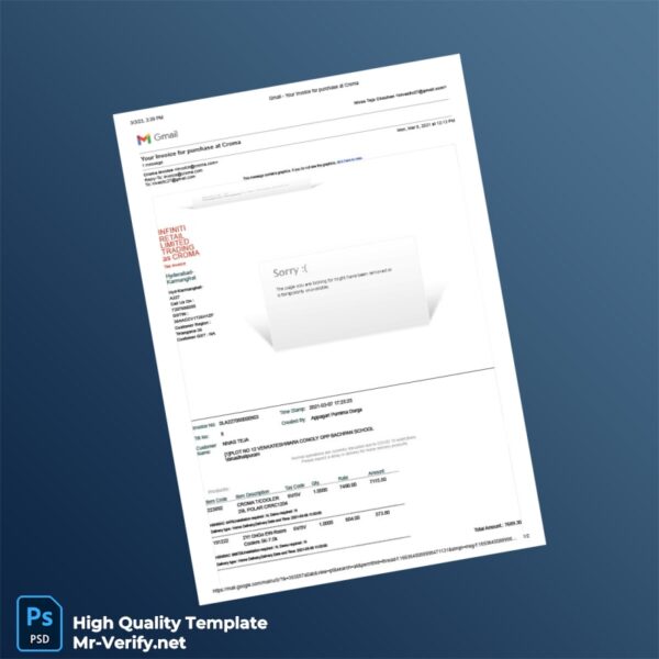 India Croma Invoice Template in Word and PDF formats 2 page