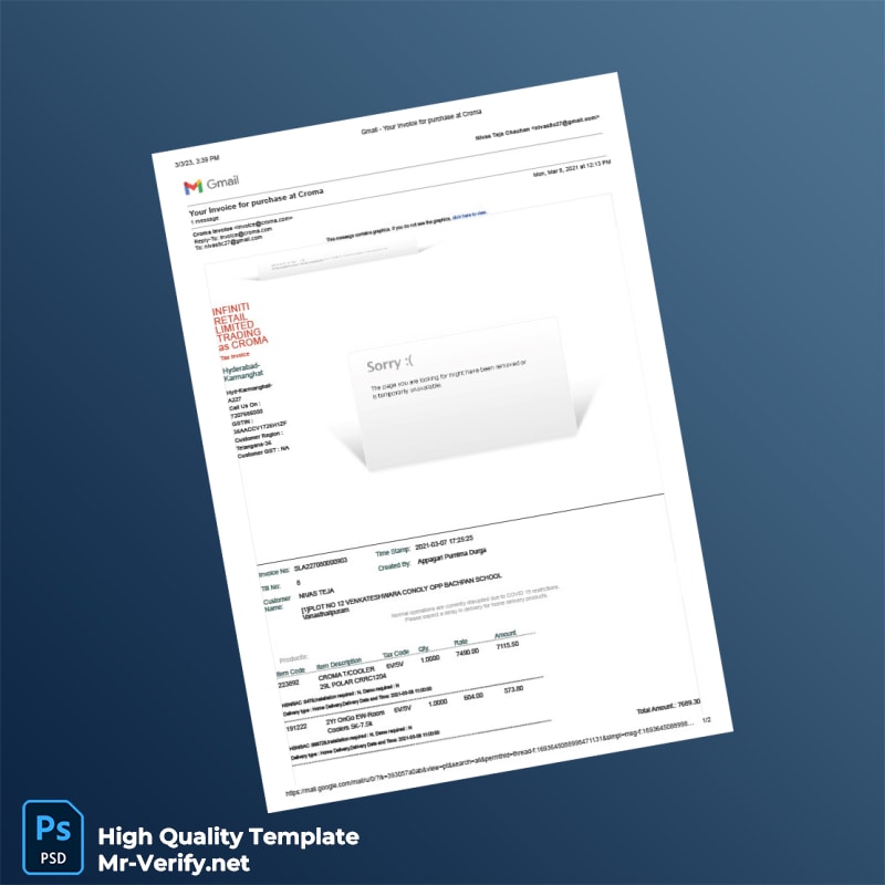 India Croma Invoice Template in Word and PDF formats 2 page India Croma Invoice Template in Word and PDF formats 2 page