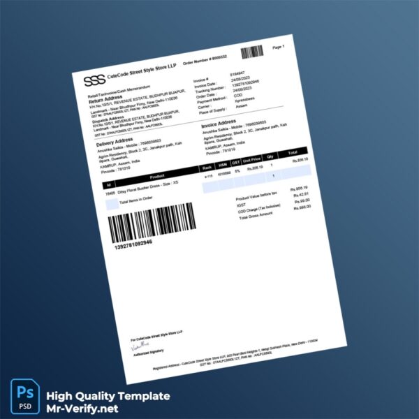 India CuteCode Street Style Store LLP Invoice Template in Word and PDF formats