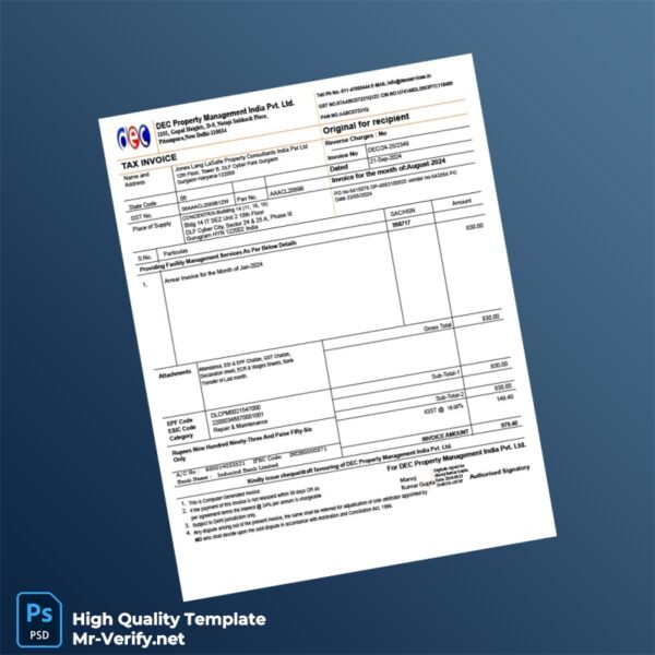 India DEC Property Management India Pvt Ltd Tax Invoice Template in Word and PDF formats 5 page India DEC Property Management India Pvt Ltd Tax Invoice Template in Word and PDF formats 5 page
