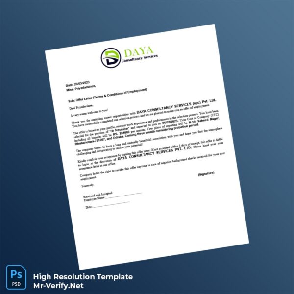 Editable India Daya Consultancy Services Pvt Ltd Offer Letter Word and Pdf Template 4 page