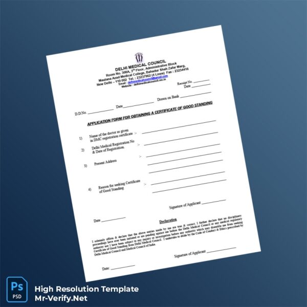 India Delhi Medical Council Certificate of Good Standing Application Form Word and Pdf Template 2 page India Delhi Medical Council Certificate of Good Standing Application Form Word and Pdf Template 2 page