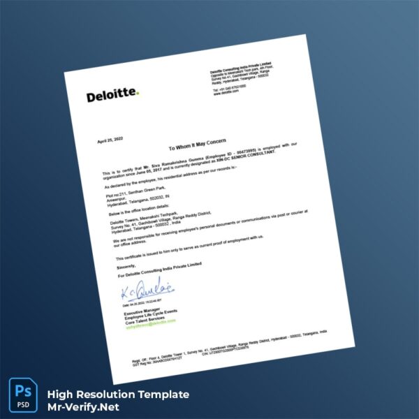 Editable India Deloitte Consulting Employment Verification Letter Word and Pdf Template