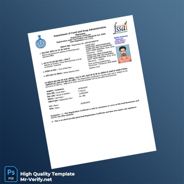 India Department of Food and Drug Administration FSSAI Registration Certificate Template in Word and PDF formats India Department of Food and Drug Administration FSSAI Registration Certificate Template in Word and PDF formats