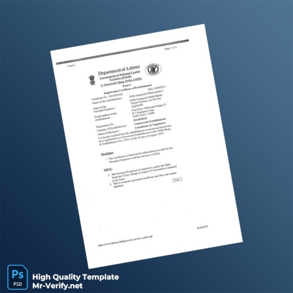 India Department of Labour Registration Certificate Template in Word and PDF formats