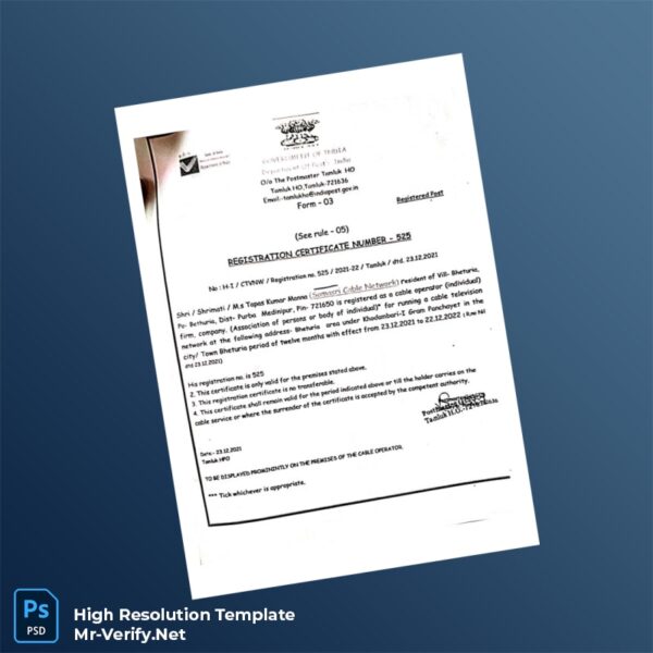 Editable India Department of Post Cable Registration Certificate Word and Pdf Template Editable India Department of Post Cable Registration Certificate Word and Pdf Template