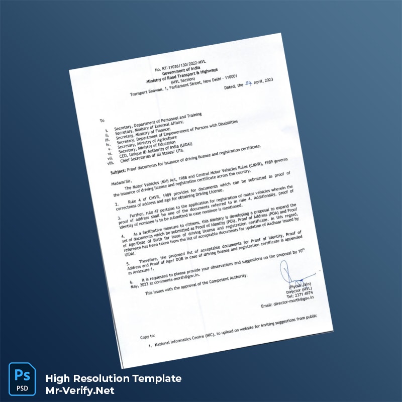 India Department of Transport Editable Registration Certificate Word and Pdf Template 3 page India Department of Transport Editable Registration Certificate Word and Pdf Template 3 page