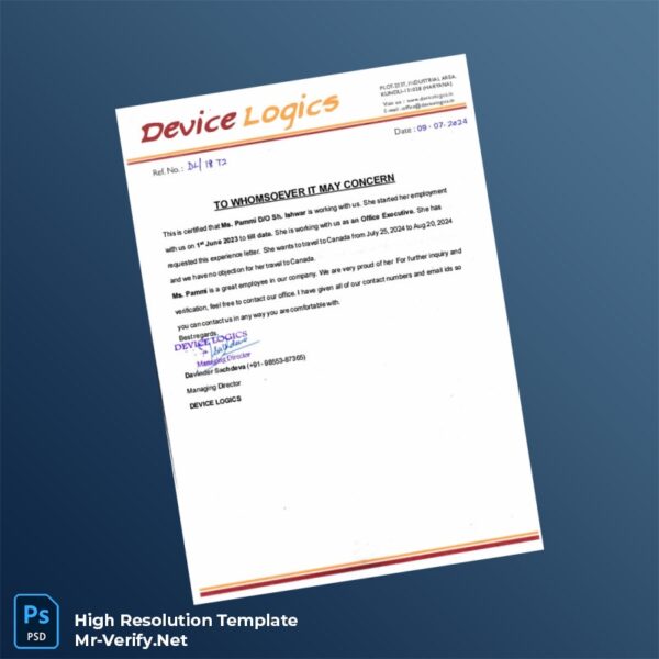 Editable India Device Logics Employment Certificate Word and Pdf Template
