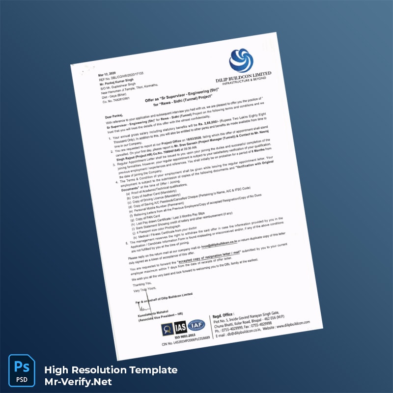 Editable India Dilip Buildcon Limited Employment Verification Letter Word and Pdf Template Editable India Dilip Buildcon Limited Employment Verification Letter Word and Pdf Template