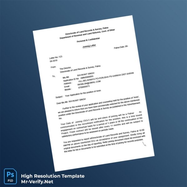 Editable India Directorate of Land Records Survey Employment Verification Letter Word and Pdf Template 4 page Editable India Directorate of Land Records Survey Employment Verification Letter Word and Pdf Template 4 page