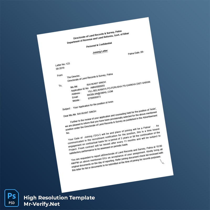 Editable India Directorate of Land Records Survey Employment Verification Letter Word and Pdf Template 4 page Editable India Directorate of Land Records Survey Employment Verification Letter Word and Pdf Template 4 page