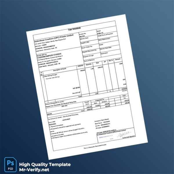 India Dobeshwar Creations OPC Private Limited Tax Invoice Template in Word and PDF formats India Dobeshwar Creations OPC Private Limited Tax Invoice Template in Word and PDF formats
