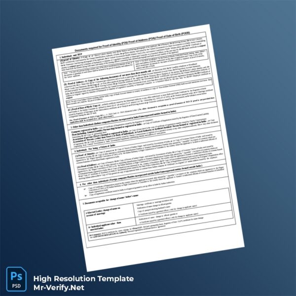 Editable India Document List for Proof of Address Requirements Word and Pdf Template