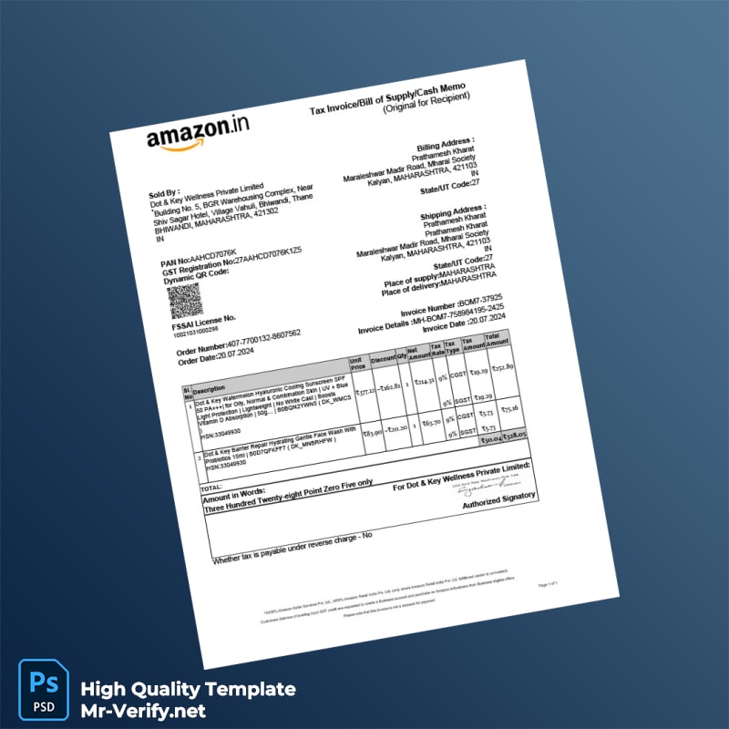 India Dot Key Wellness Private Limited Tax Invoice Template in Word and PDF formats 2 page India Dot Key Wellness Private Limited Tax Invoice Template in Word and PDF formats 2 page