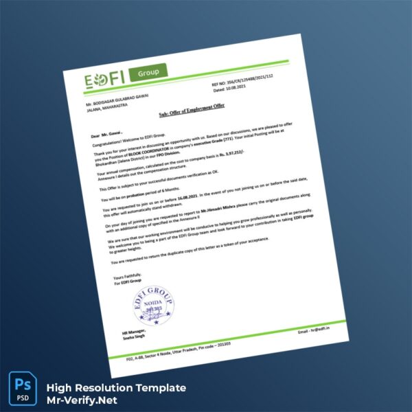 Editable India EDFI Group Employment Verification Letter Word and Pdf Template 2 page