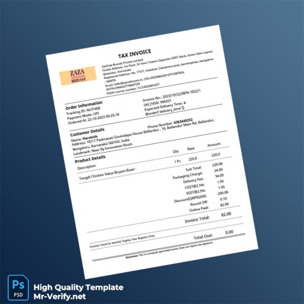 India EatClub Brands Private Limited Invoice Template in Word and PDF formats