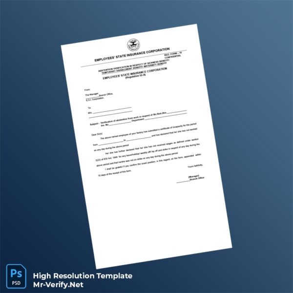 Editable India Employees State Insurance Corporation Employment Verification Letter Word and Pdf Template 2 page