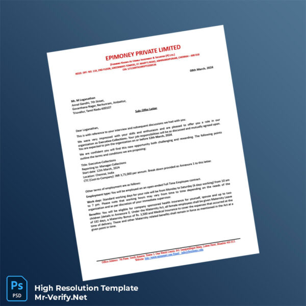 Editable India Epimoney Private Limited Employment Verification Letter Word and Pdf Template 4 page Editable India Epimoney Private Limited Employment Verification Letter Word and Pdf Template 4 page