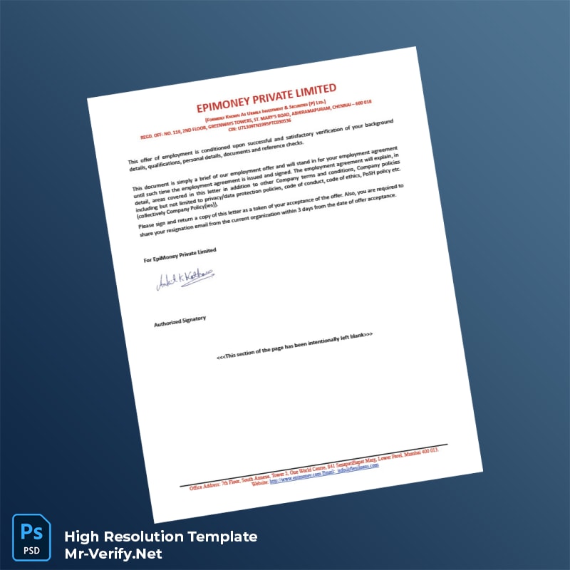 Editable India Epimoney Private Limited Employment Verification Letter Word and Pdf Template 4 page Editable India Epimoney Private Limited Employment Verification Letter Word and Pdf Template 4 page