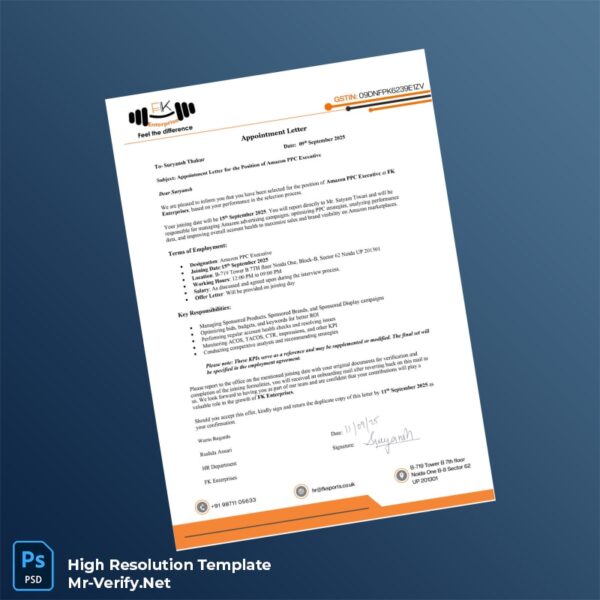 Editable India FK Enterprises Appointment Letter Word and Pdf Template