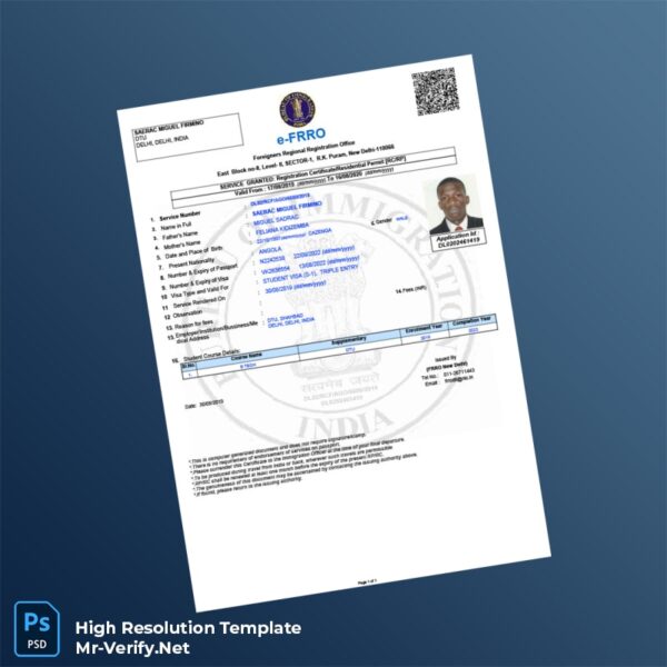 Editable India FRRO Registration Certificate Word and Pdf Template Editable India FRRO Registration Certificate Word and Pdf Template