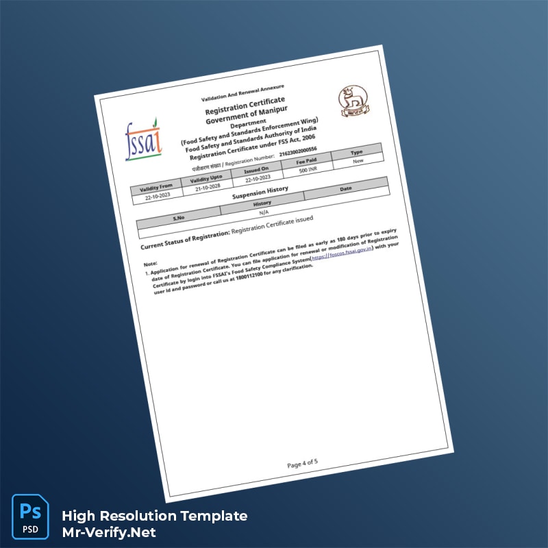 India FSSAI Business Registration Certificate Word and Pdf Template 5 page India FSSAI Business Registration Certificate Word and Pdf Template 5 page