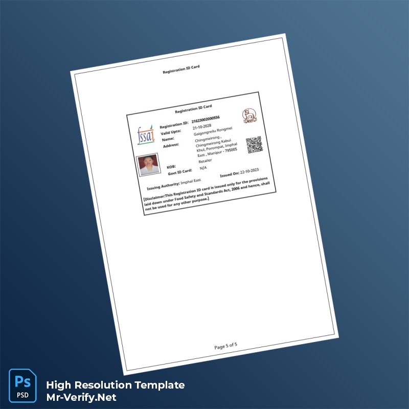 India FSSAI Business Registration Certificate Word and Pdf Template 5 page India FSSAI Business Registration Certificate Word and Pdf Template 5 page