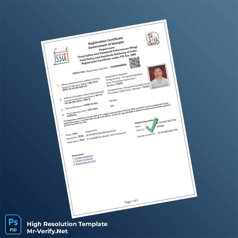 India FSSAI Business Registration Certificate Word and Pdf Template 5 page India FSSAI Business Registration Certificate Word and Pdf Template 5 page