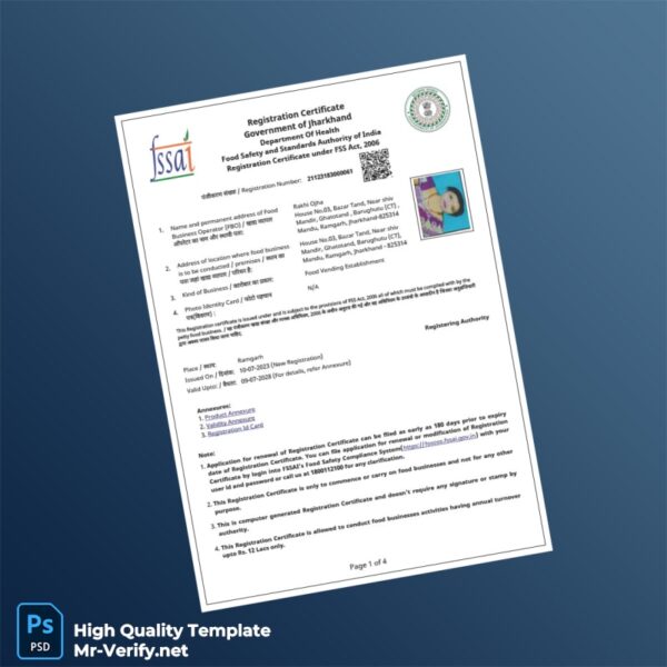 India FSSAI Editable Registration Certificate Template in Word and PDF formats 4 page India FSSAI Editable Registration Certificate Template in Word and PDF formats 4 page
