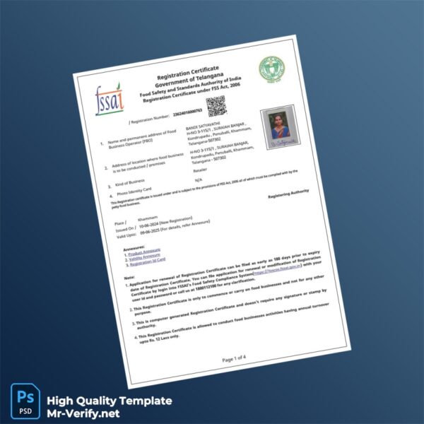 India FSSAI Food Safety and Standards Authority Business Registration Certificate Template in Word and PDF formats 4 page India FSSAI Food Safety and Standards Authority Business Registration Certificate Template in Word and PDF formats 4 page