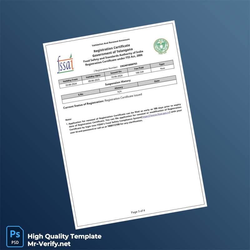 India FSSAI Food Safety and Standards Authority Business Registration Certificate Template in Word and PDF formats 4 page India FSSAI Food Safety and Standards Authority Business Registration Certificate Template in Word and PDF formats 4 page