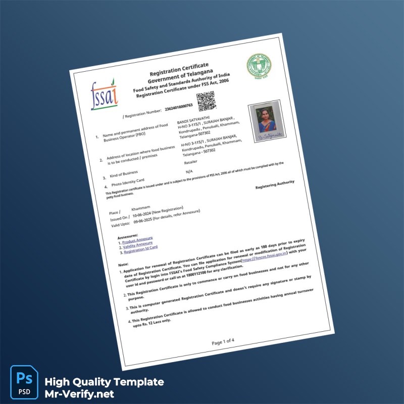 India FSSAI Food Safety and Standards Authority Business Registration Certificate Template in Word and PDF formats 4 page India FSSAI Food Safety and Standards Authority Business Registration Certificate Template in Word and PDF formats 4 page