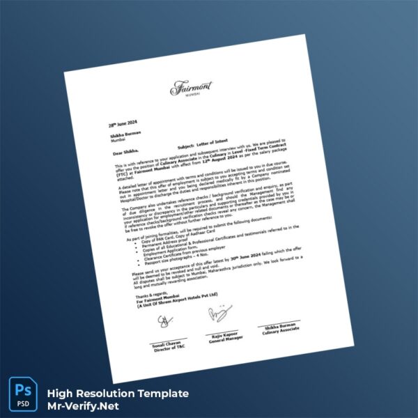 Editable India Fairmont Mumbai Employment Verification Letter Word and Pdf Template 2 page