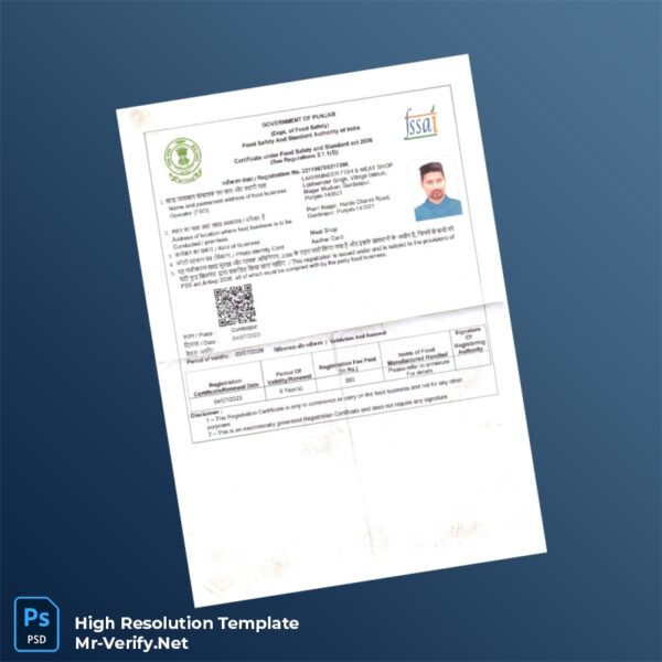 Editable India Food Safety Registration Certificate Word and Pdf Template 4 page