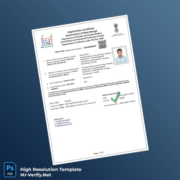 Editable India Food Safety and Standards Authority Food Business Registration Certificate Word and Pdf Template 5 page Editable India Food Safety and Standards Authority Food Business Registration Certificate Word and Pdf Template 5 page