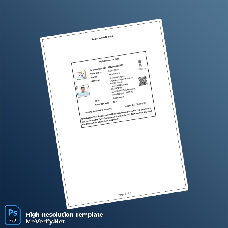 Editable India Food Safety and Standards Authority Food Business Registration Certificate Word and Pdf Template 5 page Editable India Food Safety and Standards Authority Food Business Registration Certificate Word and Pdf Template 5 page