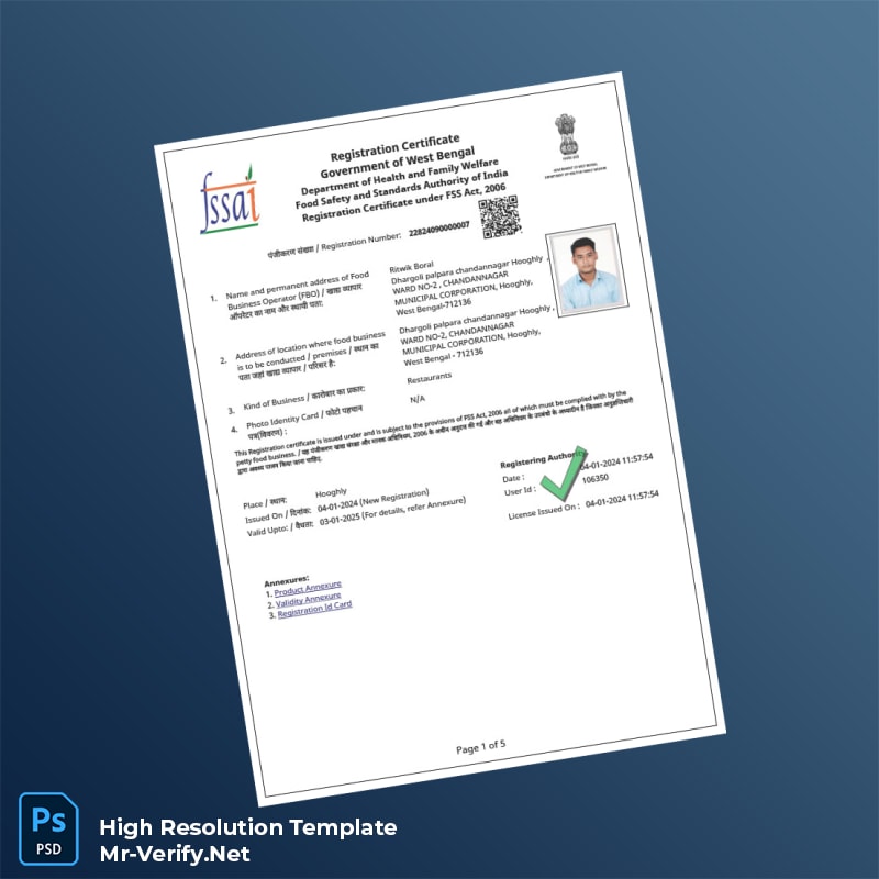 Editable India Food Safety and Standards Authority Food Business Registration Certificate Word and Pdf Template 5 page Editable India Food Safety and Standards Authority Food Business Registration Certificate Word and Pdf Template 5 page