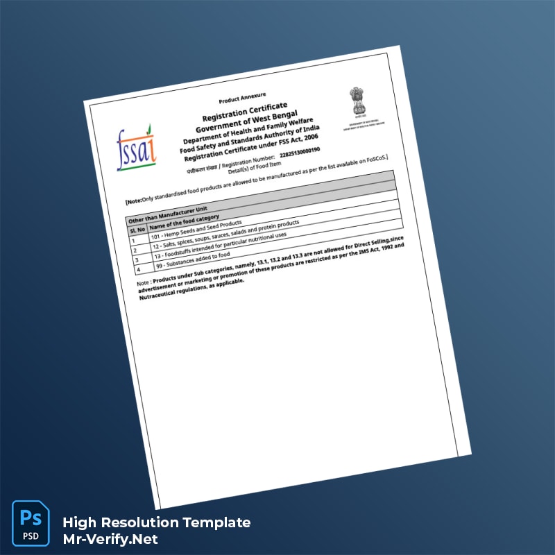 India Food Safety and Standards Authority Registration Certificate Word and Pdf Template 5 page India Food Safety and Standards Authority Registration Certificate Word and Pdf Template 5 page