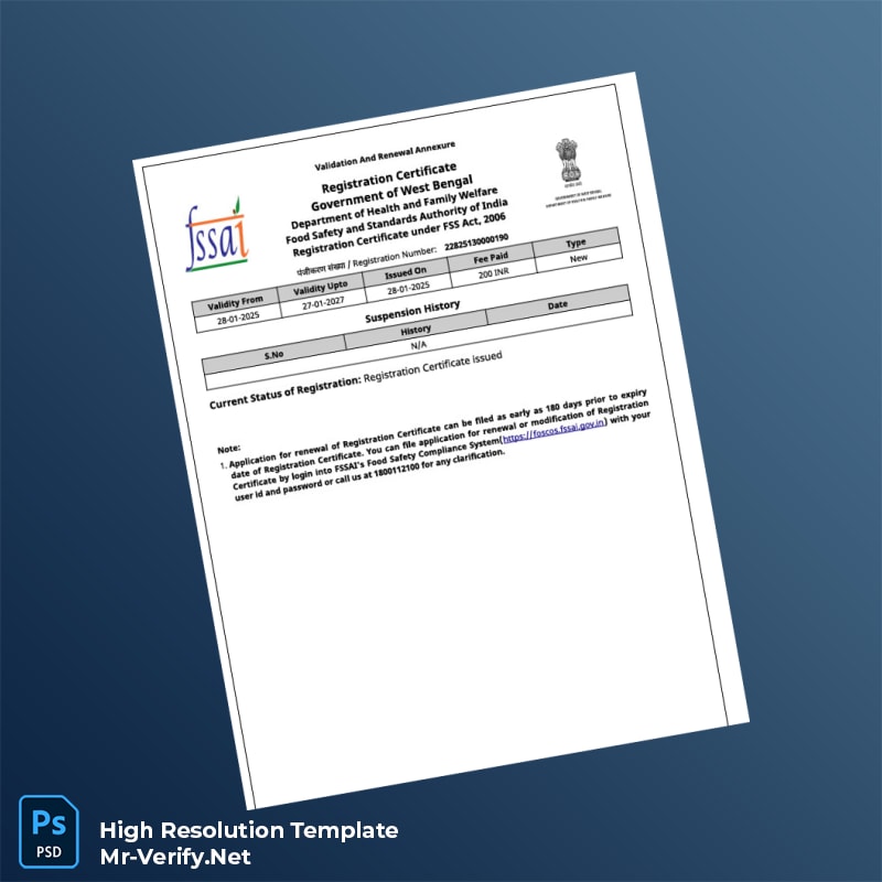 India Food Safety and Standards Authority Registration Certificate Word and Pdf Template 5 page India Food Safety and Standards Authority Registration Certificate Word and Pdf Template 5 page
