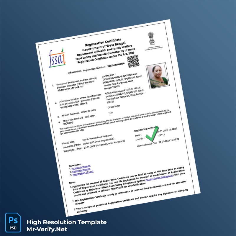 India Food Safety and Standards Authority Registration Certificate Word and Pdf Template 5 page India Food Safety and Standards Authority Registration Certificate Word and Pdf Template 5 page