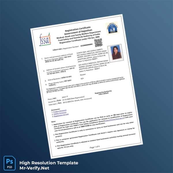 Editable India Food Safety and Standards Authority of India Business Registration Certificate Word and Pdf Template 4 page Editable India Food Safety and Standards Authority of India Business Registration Certificate Word and Pdf Template 4 page
