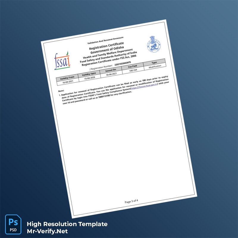 India Food Safety and Standards Authority of India Registration Certificate Word and Pdf Template 4 page India Food Safety and Standards Authority of India Registration Certificate Word and Pdf Template 4 page