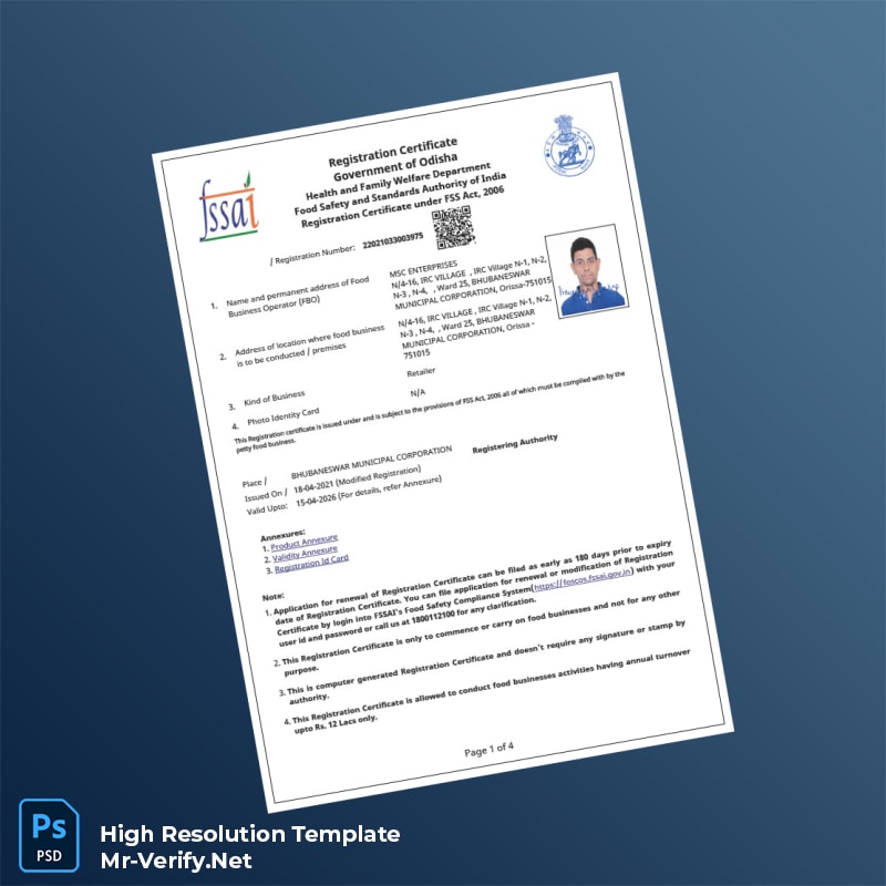 India Food Safety and Standards Authority of India Registration Certificate Word and Pdf Template 4 page India Food Safety and Standards Authority of India Registration Certificate Word and Pdf Template 4 page