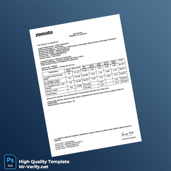India Food Thoughts Tax Invoice Template in Word and PDF formats