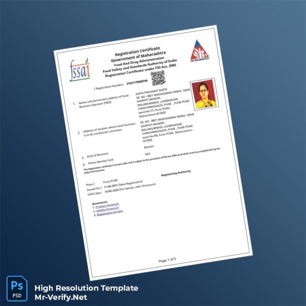 Editable India Food and Drug Administration FSSAI Registration Certificate Word and Pdf Template 5 page Editable India Food and Drug Administration FSSAI Registration Certificate Word and Pdf Template 5 page