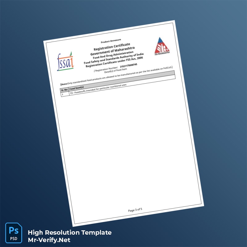 Editable India Food and Drug Administration FSSAI Registration Certificate Word and Pdf Template 5 page Editable India Food and Drug Administration FSSAI Registration Certificate Word and Pdf Template 5 page
