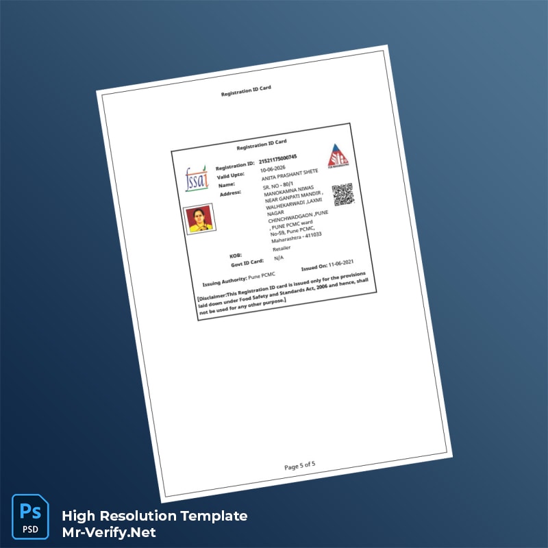 Editable India Food and Drug Administration FSSAI Registration Certificate Word and Pdf Template 5 page Editable India Food and Drug Administration FSSAI Registration Certificate Word and Pdf Template 5 page