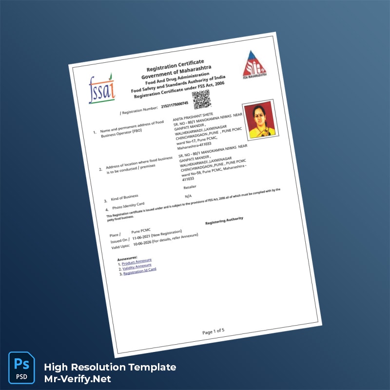 Editable India Food and Drug Administration FSSAI Registration Certificate Word and Pdf Template 5 page Editable India Food and Drug Administration FSSAI Registration Certificate Word and Pdf Template 5 page