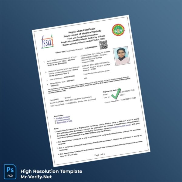 Editable India Food and Drugs Administration Business Registration Certificate Word and Pdf Template 4 page